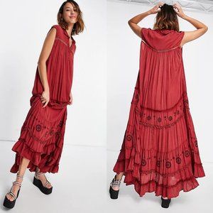 FREE PEOPLE Pretty Cozy Maxi Boho Dress in Red-Brown | Size L
